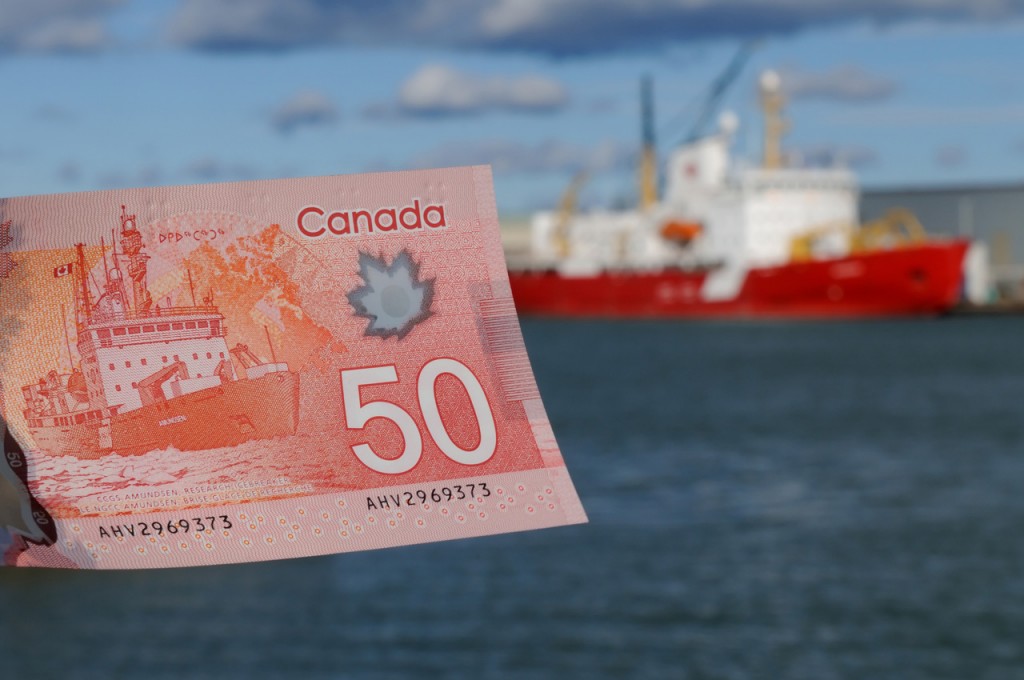 CCGS Amundsen awaits work over the winter season at the Seaway Marine and Industrial Drydocks (formerly Port Weller Drydocks) in St. Catharines, Ontario. The arctic icebreaker and research vessel can be seen on Canada\'s newest $50 bills.