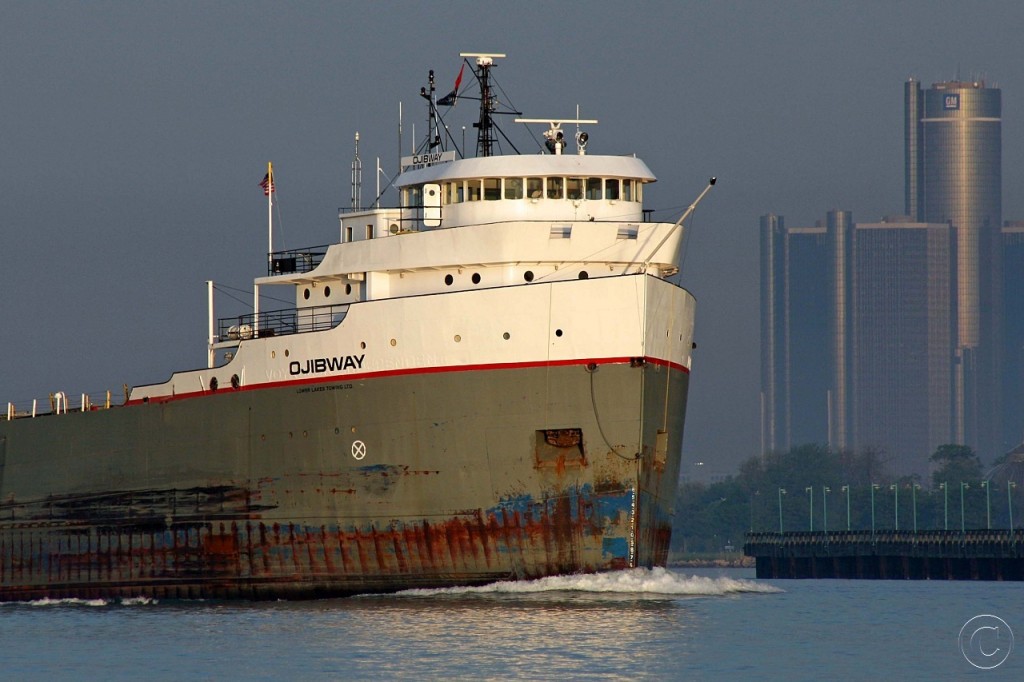 With the morning sun just breaking the horizon, the Ojibway is upbound on the Detroit River in ballast for Thunder Bay.