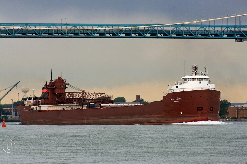 With her cargo of taconite discharged at Severstal Steel at the Rouge, the Charles M. Beeghly is upbound on the Detroit River at the Ambassador Bridge in ballast for Marquette. The Beeghly now sails as the Hon. James L. Oberstar.
