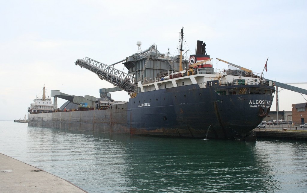 The Algosteel takes on a load of rock salt at the Sifto Salt Mine in Goderich harbour.