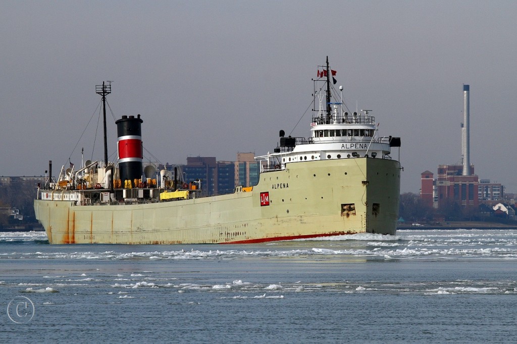 The 2013 shipping season on the Great Lakes is slowly showing signs of activity. The Alpena, leaving winter lay-up in Cleveland, is upbound on the Detroit River at Windsor. She is destined for her namesake port in Alpena Michigan. She will load cement and head for South Chicago.