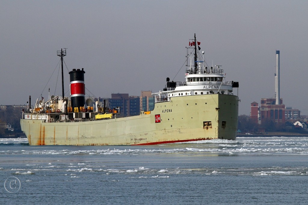 The 2013 shipping season on the Great Lakes is slowly showing signs of activity. The Alpena, leaving winter lay-up in Cleveland, is upbound on the Detroit River at Windsor. She is destined for her namesake port in Alpena Michigan. She will load cement and head for South Chicago.