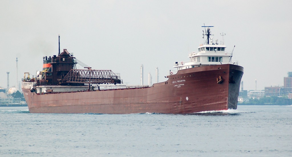 Lee A. Tregrutha heads up bound in the St. Clair river at Sarnia, originally built in 1942 and served the US navy durring WW2 as the tanker USS Chiwawa she was purchased in 1960 by Clevland Cliffs Steamship Co. for lengthening and conversion to a great lakes ore carrier and named Walter A. Sterling. By 1985 it was again sold and renamed William Clay Ford (2)for  Ford Motor Company's subsidiary Rouge Steel Co. Again in 1989 it was sold to  Lakes Shipping Company an affiliate of Interlake Steamship Co and renamed Lee A. Tregrutha as she sails today.