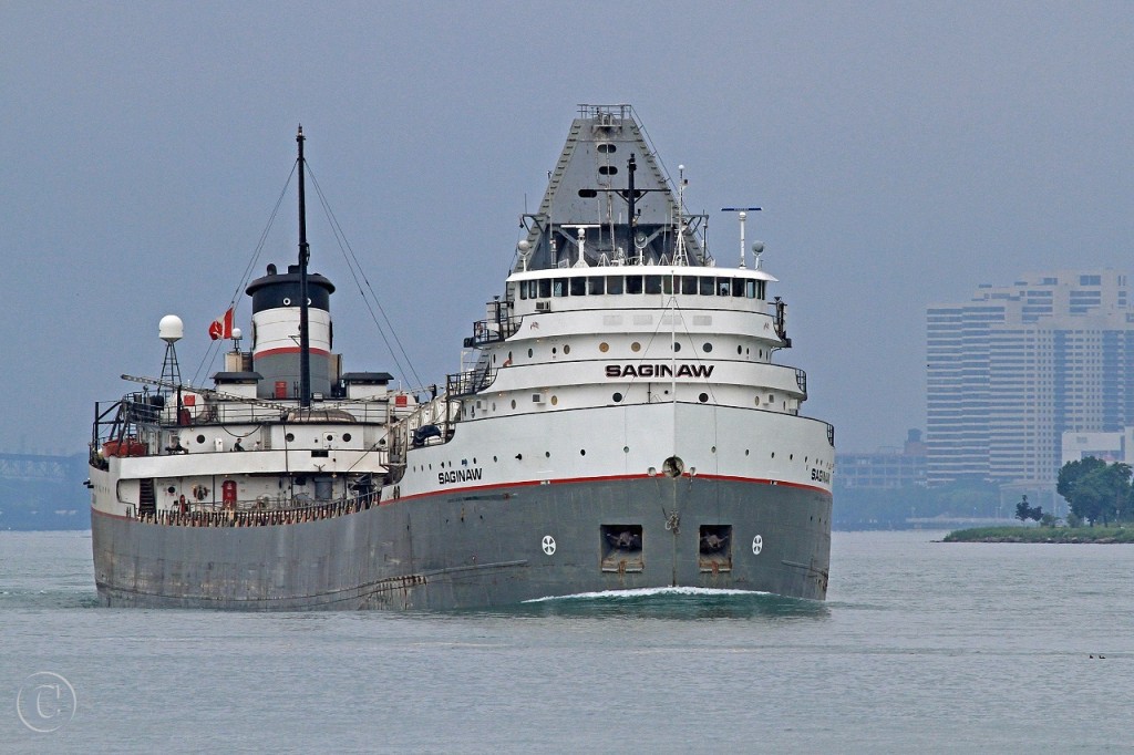 A rainy summer's day sees the Saginaw upbound on the Detroit River at Windsor.