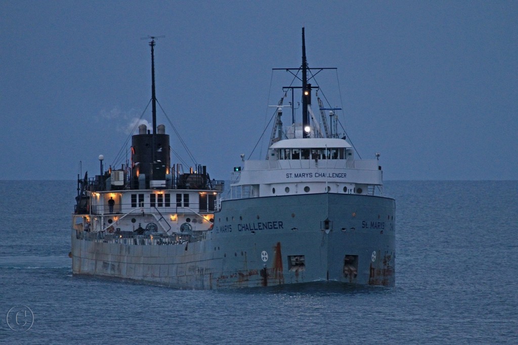 It's the last light of day at 2054 hours as the St. Marys Challenger, downbound on Lake Huron at Point Edward, heads into the turn at lights 1 and 2 for the St. Clair River. The Challenger is making a rather rare appearance to the area with a load of cement for Lafarge in Detroit. At 107 years of age, she is currently holding the honors of being the oldest lake boat still trading on the Great Lakes.