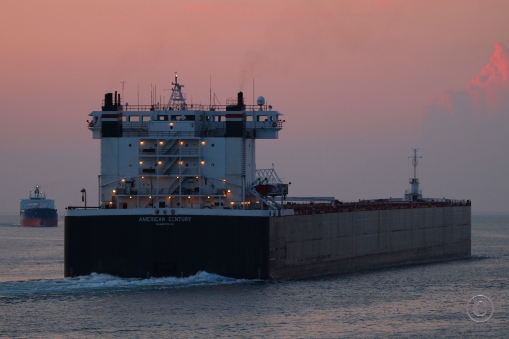 Late evening light sees the American Century upbound for Lake Huron at lights 1 and 2. It's hard to believe these behemoths are 30 plus years old. Downbound in the distance is the Catherine Desgagnés.