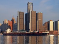 The M/V Buffalo is named in honor of the home city of American Steamship Company, Buffalo, NY. Here, the Buffalo is upbound on the Detroit River at Windsor. GM's World Headquarters, the Renaissance Center, provides the backdrop. Detroit might be down at this point in history, but she's alive and kickin'. She'll survive and be a whole lot stronger in the future.