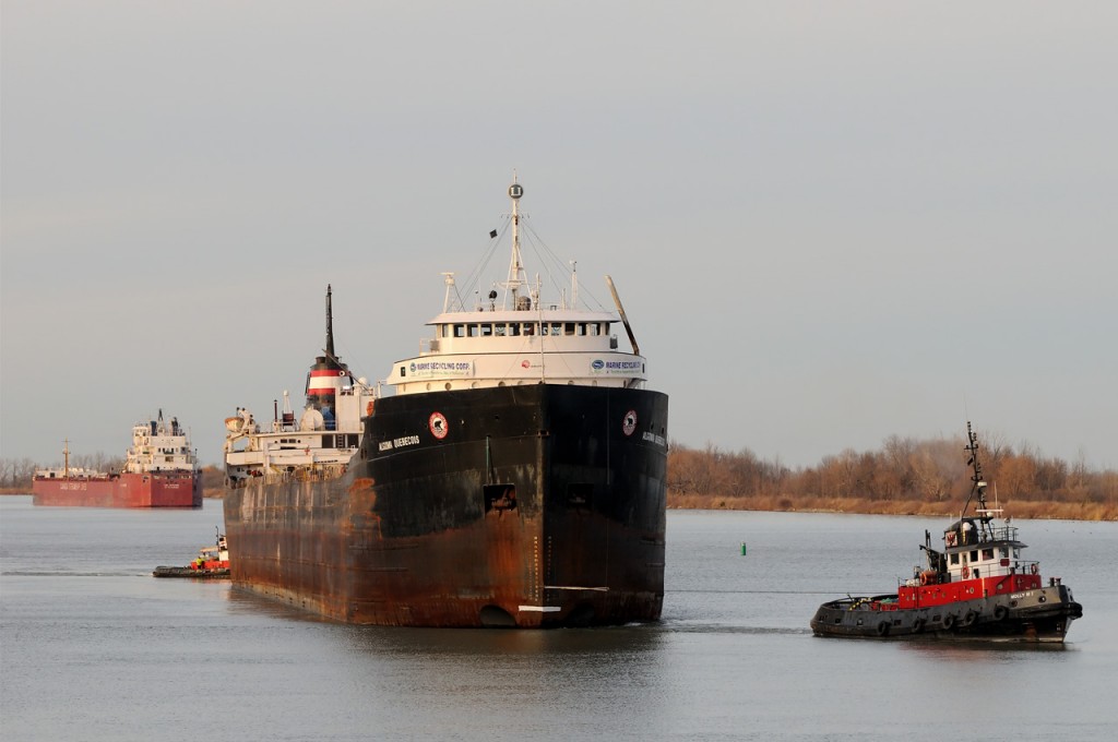 The "Dead Ship Tow" of Algoma Quebecois approaches the Homer Bridge (Bridge 4) of the Welland Canal after coming to a stop to allow the passage of CSL Niagara. Algoma Quebecois' final destination is the MRC/IMS scrap yard in Port Colborne where she will be dismantled and disposed of.