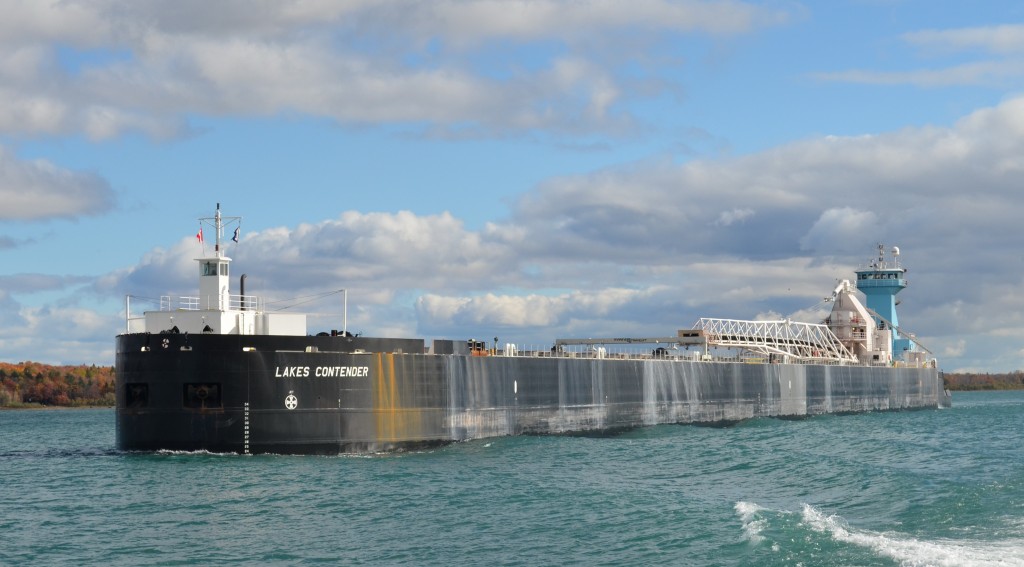 Lakes Contender is upbound the St May's River for the Soo Locks. This vessel is fairly new and was launched earlier in the year at Donjon Shipbuilding in Erie, PA.