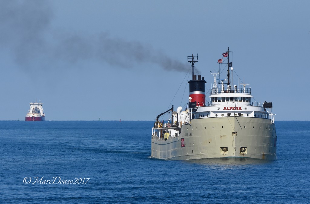 The oldest operating vessel on the Great Lakes and one of the finest looking without a doubt. The Steamer Alpena about to make the turn down bound at buoys 1 & 2 entering the St. Clair River.