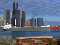 With GM's World Headquarters in Detroit providing the backdrop, LLT's freshly painted Tecumseh is upbound for Thunder Bay to load grain.