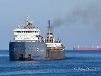 M/V Algoway makes the turn down bound at buoys 1 & 2 in the Lake Huron cut as the Federal Asahi waits on the hook for a Pilot.